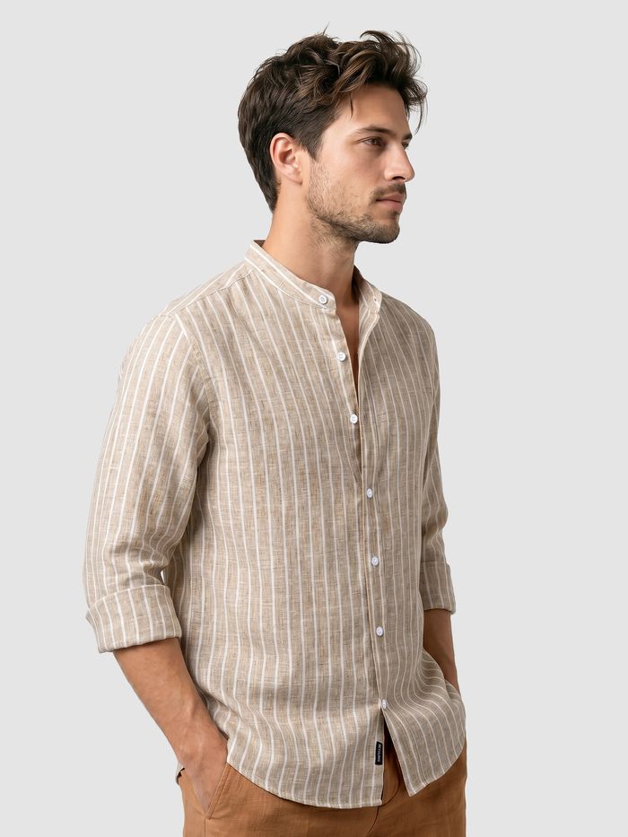 Sand Brown Linen Striped Shirt